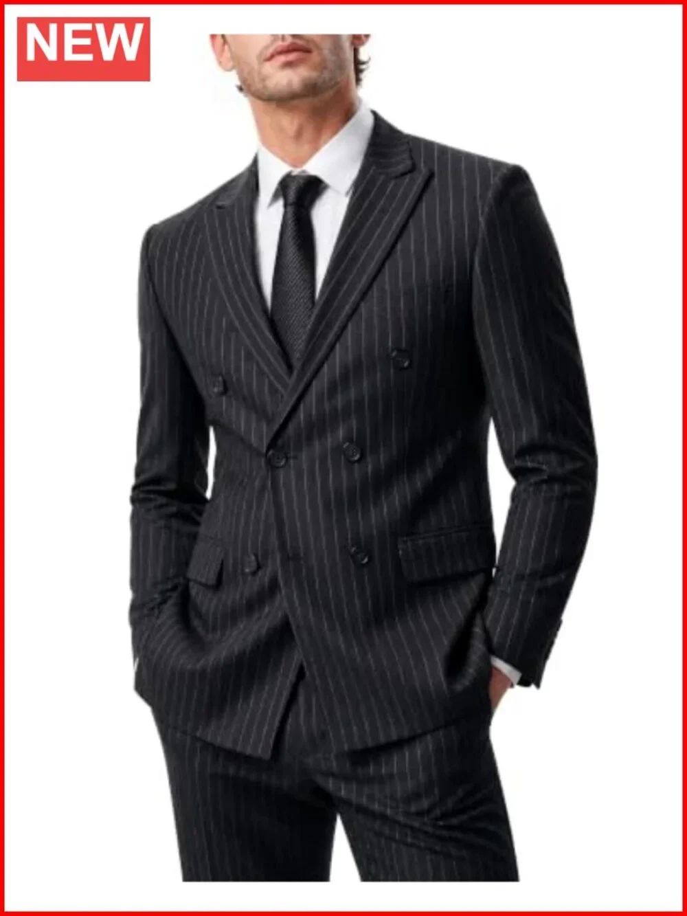 Men's 2 Piece Double-Breasted Slim Fit Stripe Suit Blazer Pants Tie Set